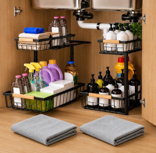 DIGRESO Pack 2 Organizadores Bajo Fregadero Compacto Ajustable (28-42cm) con 2 Paños Microfibra · Estantería Metálica para Cocina y Baño · Diseño Especial para Sifón y Tuberías en U · Color Negro