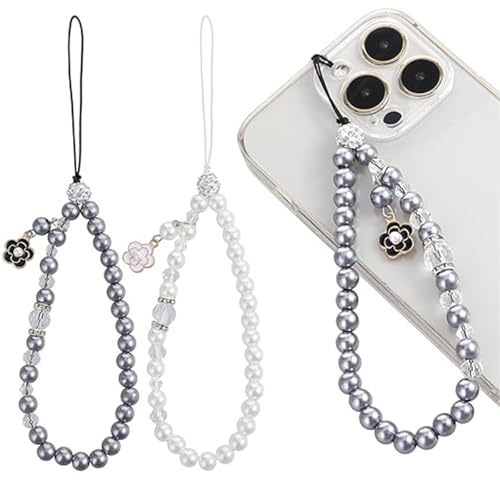 CVNRCLP 2 Pcs Pearl Mobile Charms, Sparkling Cell Lanyard Strap Faux Pearl Beaded Wristlet Wrist Bracelet Rhinestone Mobile Phone Pendant Phone Charm Key Accessories for Women Girls