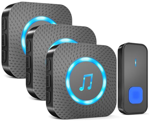 AIMAX Horloge radio avec 1 émetteur et 3 récepteurs, kit de sonnette de porte, portée de 400 m, étanche IP55, 55 sonneries, 5 niveaux de volume avec flash LED, installation sans fil, noir