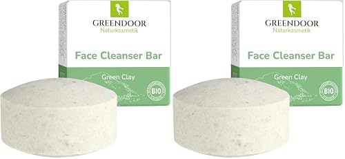 GREENDOOR feste Gesichtsreinigung mit Tonerde 57g, bei trockener/normaler/empfindlicher Haut, natürliche seifenfreie Formel, plastikfrei, mit pflegender Aloe Vera, unisex (Packung mit 2)