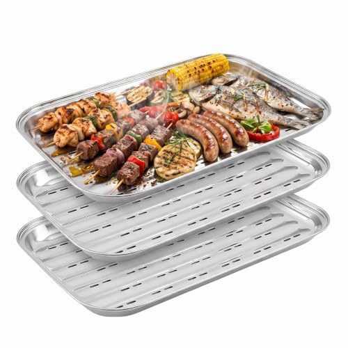 3 Stück BBQ Grillschalen aus Edelstahl, 34,5 × 24,5 × 2,7 cm Grillschale | Wiederverwendbar, Gelochtes Design, Für Gas- & Holzkohlegrill, Ideal für Gemüse Fisch Fleisch, Inklusive Zang