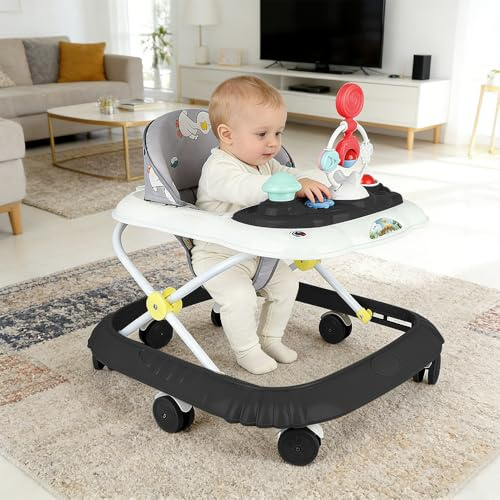 4-i-1 gå-vagn, promenadfri babywalker med musik, 4 höjdjustering, vikbart, avtagbart spelbord (svart)