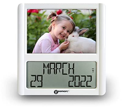 Geemarc Calendar Clock with Picture Frame - The Easy-to-read and Self-setting Viso5 - Ideal for People Living with Alzheimer's - Battery Operated - UK Version