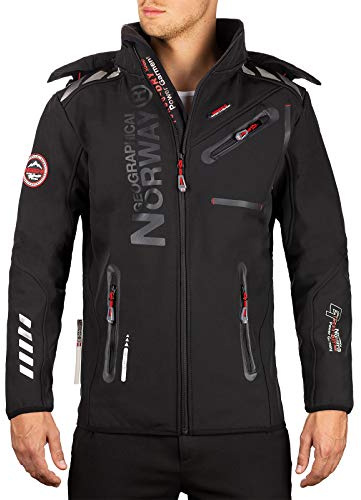 Geographical Norway Softshell jacka, funktionell jacka, vindjacka med huva, vindskydd, ståkrage, köldtålig, utomhus, vandring, camping, Svart - svart, M
