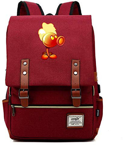 WANHONGYUE Plants vs. Zombies Spiel Backpack Vintage Schulrucksack Studententasche Schulranzen 15,6 Zoll Laptop Rucksack mit USB-Ladeanschluss Red / 4