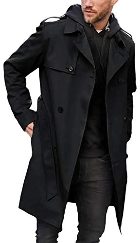 Pretifeel Mens Trench Coat Slim Fit Double Breasted Long Jacket Notched Lapel Belt Fall Windproof Coat