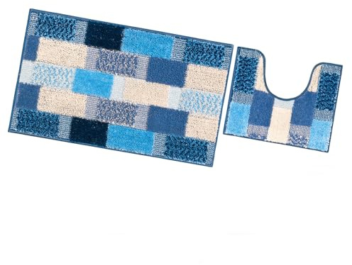 emmevi Tappeto Bagno Parure Morbido Girowater Antiscivolo Assorbente Lavabile MOD.Lilla Set 3 Pezzi Blu