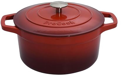 ProCook Red Cast Iron Round Casserole Dish with Self Basting Lid Enamel Coated Induction Compatible Modern Classic Cookware - 24cm / 4.7L