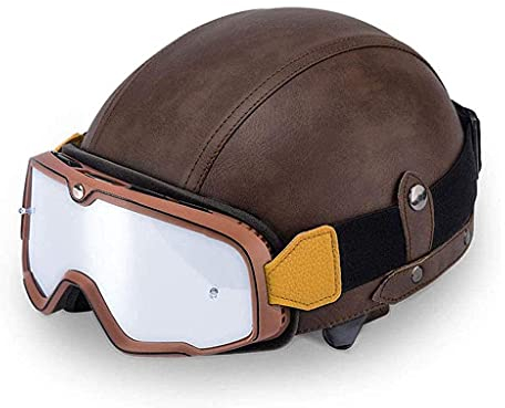 MRDAER Leder Vintage Halbhelme, kommt mit Motorradbrille, Motorrad Biker Cruiser Scooter Touring Helm, Bowl Helme für Motocross, Offroad, ECE Sicherheitszertifizierung Braun