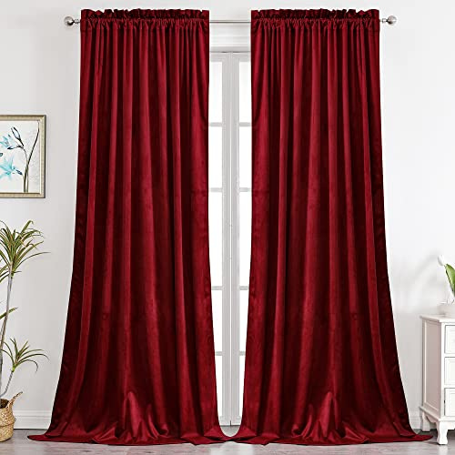 Benedeco Red Burgundy Velvet Curtains for Bedroom Window, Super Soft Luxury Drapes, Room Darkening Thermal Insulated Rod Pocket Curtain for Living Room, W52 by L108 inches, 2 Panels