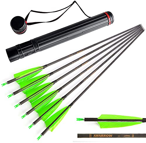 SHARROW 12 Stücke Carbonpfeile 34 Zoll Bogenpfeile mit Naturfedern Jagd Pfeile für Bogen 400 Spine Carbon Pfeile für Recurvebogen Compound Bogen (Grün+Köcher)