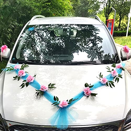 Organza Girlande Auto Schmuck Braut Paar Rosen Hochzeitsdeko Blumenschmuck Autoschmuck Hochzeitsauto Auto Rückspiegel Deko für Hochzeit Auto PKW Wedding New Houses Party Feier,Blau Tüll+Rosa Blumen