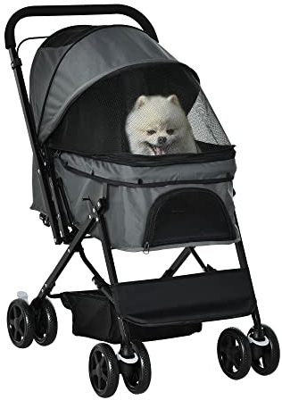 PawHut Hundebuggy Hundewagen Buggy für kleine Hunde und Katzen Haustierwagen Pet Stroller Katzenbuggy Oxford Dunkelgrau 76,5 x 52 x 95 cm