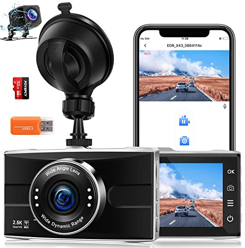 Caméra de Tableau de Bord 1440p Avant et arrière WiFi 2.5 K pour Voitures avec Application avec Carte SD 32 Go, boîtier en métal, Super Vision Nocturne, Mode Parc, Prise en Charge de 128 Go Maximum