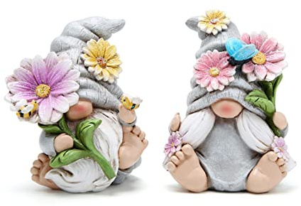 Hodao Set of 2 Spring Gnome Decorations Flower Gnomes Ornaments Decor Summer Outdoor Figurines Spring Elves for Porch, Garden Yard, Flower Bed Garden Gifts for Women, Mom