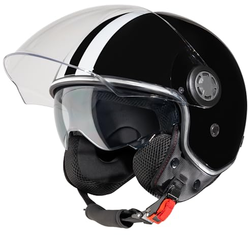 VINZ Parchi Jethelm mit Doppelvisier | Roller Helm Fashionhelm mit Streifen | In Gr. XS-XXL | Jet Helm mit Sonnenblende | ECE 22.06 Zertifiziert | Motorradhelm mit Visier - Schwarz