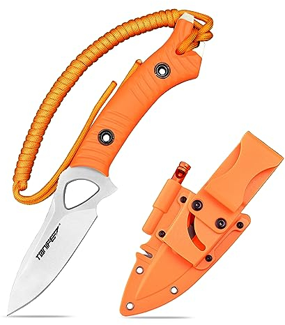 TONIFE Explorer Feststehendes Messer mit Scheide 8Cr14MoV Klinge Multifunktionales Überlebensmesser, Glasfaserverstärkter Nylongriff für Outdoor EDC Messer (Orange+Satin)