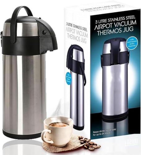VIVAAS 3L and 5L Pump Action Airpot Coffee Flask Double-Walled Vacuum Insulated Jug Coffee Carafe Carry Handle for Drink Hot and Cold Drink Flask Beverage Dispenser for Coffee Tea (3Litre)