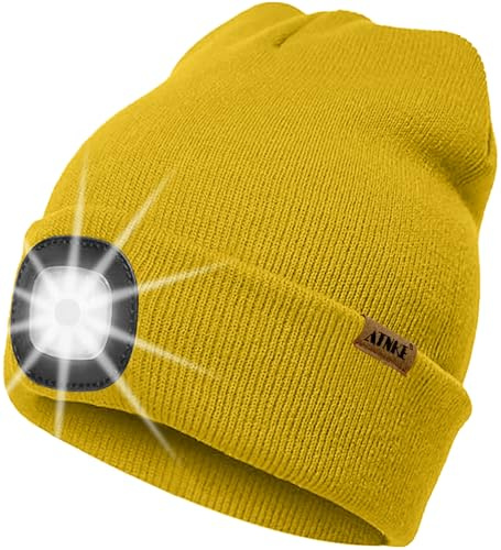 ATNKE LED Beleuchtete Mütze mit Licht,Wiederaufladbare USB 4 LED Beleuchtete Laufmütze Extrem Heller Lampe Winter Warme Stricken Mütze Technik Geschenke für Herren und Damen