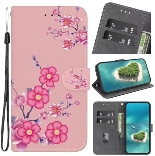 KRjcsfhy Hülle Case für Samsung Galaxy S21 Plus, Lederhülle [ Premium Echtleder] [RFID Blocker] [Kartenfach] [Magnet] TPU Stoßfeste Klapphülle TPU Schutz für Samsung Galaxy S21 Plus,Kirschblüte
