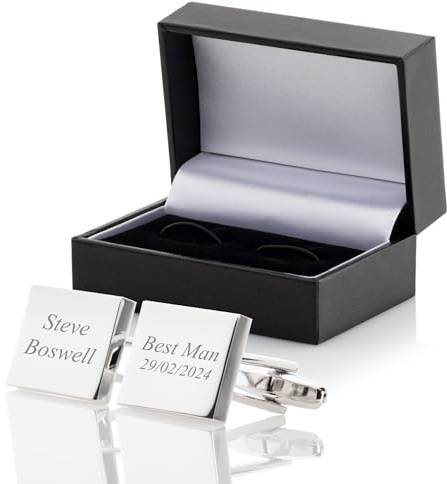 Personalised Best Man Cufflinks In Luxury Leatherette Case - Engraved With Your Custom Text - 4 Shapes and 2 Colours To Choose From (Rectangular, Silver Plated)