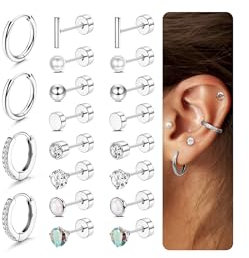 Diamday 10 Paar Ohrringe Silber/Gold Set für Damen Hypoallergen Flatback piercing ohr Chirurgenstahl Cartilage Tragus Helix Stifte & Hoops für Mehrfachpiercings