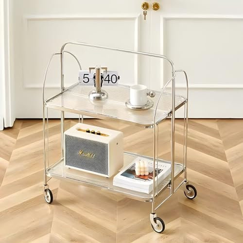 Rollbarer Barwagen mit 2 Ebenen und Glasplatte und Edelstahlrahmen für Wohnzimmer Esszimmer – Mobiler Aufbewahrungswagen mit Rollen und klappbarem Design