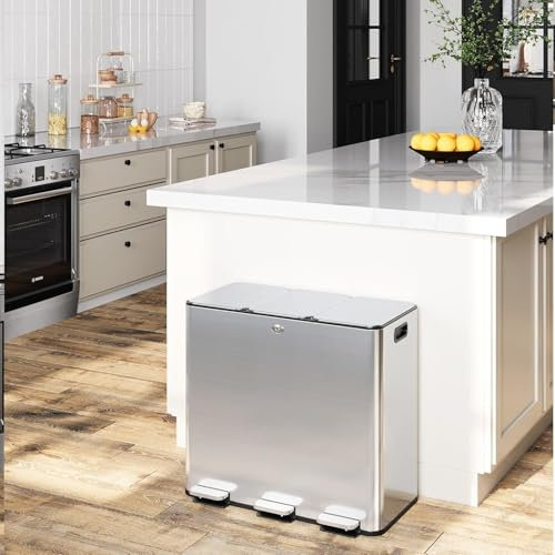 GarveeHome Pattumiera da 60 l, a tre scomparti, a pedale, con coperchio, in acciaio inox, per casa, ufficio, ristorante, scuola, ospedale