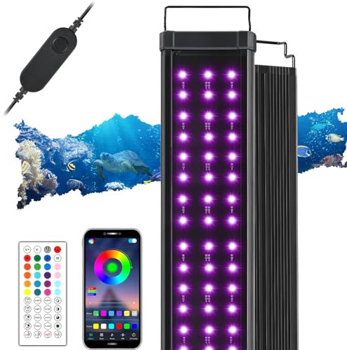 Warmfay LED Aquarium Beleuchtung, DIY Vollspektrum Aquarium Licht mit APP Steuerung Fernbedienung, Fish Tank Lamp mit Timer, 20 Farben und 10 Helligkeitsstufen, 8W Aquarium Lampe für 90-110CM Tank