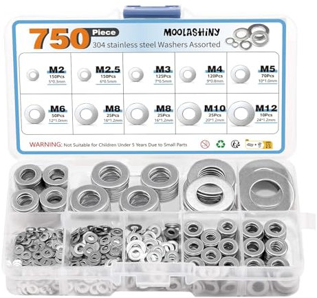 750Pcs Washers for Screws, Stainless Steel Flat M2/M2.5/M3/M4/M5/M6/M8/M10/M12 9 Sizes Metal Washers for Bolts Hardware Assortment Set for Home Repair Construction