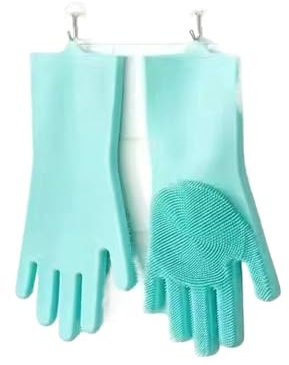WENYOG Guante de Goma 5 Pares de Guantes de Silicona for Lavar Platos, Guantes de Goma Reutilizables for Fregar la Cocina, Guantes de Limpieza con cerdas Suaves(Green)