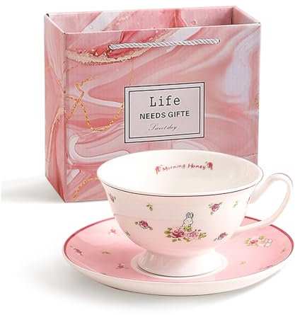 fanquare British Tea Cup and Saucer Set of 1, 200ml Pink Floral Coffee Cup and Saucer, Cute Rabbit Ceramic Cup Afternoon Tea Party Gifts for Women Girls