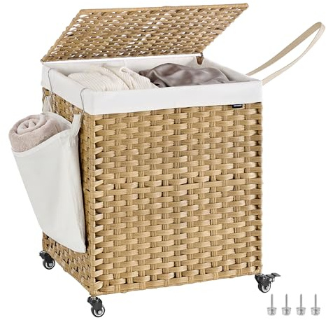 SONGMICS Laundry Basket with Lid, 145 L, Rolling Laundry Hamper with Wheels, 2-Compartment Synthetic Rattan, Removable Liner, for Laundry Room, Bedroom, 56 x 40 x 66 cm, Natural LCB262Y01