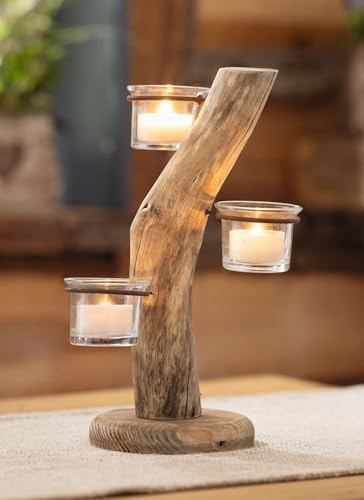 Dekoleidenschaft Teelichthalter Baum aus Holz, 3 Teelichtgläser, 28 cm hoch, Unikat, Kerzenhalter