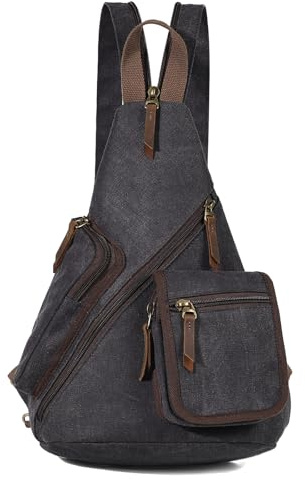 KL928 Canvas Sling Bag Herren und Damen, Crossbody Brusttasche Schulterrucksack Schultertasche Rucksack Shoulder Slingbag für Men Women, Schwarz