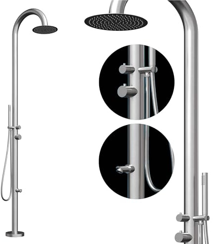 Four & More Designer Gartendusche Außendusche Pooldusche Regendusche Duschsäule Dusche aus gebürstetem V4A / 316 Edelstahl Modell NOE mit Warm- & Kaltwasseranschluß für den Garten
