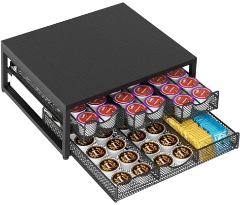 Coffee Pod Holder For Counter, 3 Pull-Out 72 K-Cup Holder Drawer, Wooden Cafe Pods Storage Organizer with Sliding Drawers for Coffee Station, Home, Kitchen, Office, Dorm (Black)