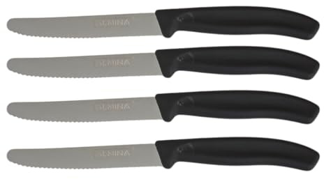 Generisch Almina Allzweckmesser mit Wellenschliff – Ideal als Brotmesser & Obstmesser – Rostfreier Edelstahl, Schwarzer Griff 4 er pack