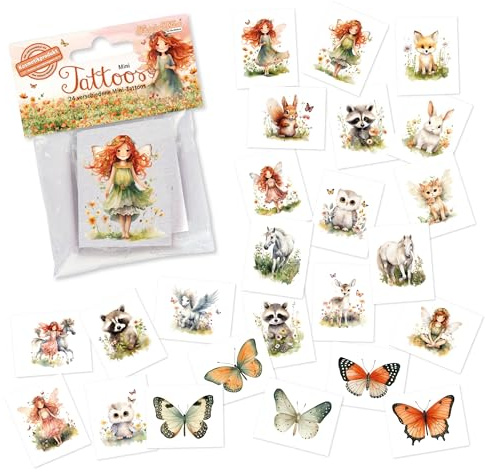 Lutz Mauder 24 Kindertattoos, Mini-Kinder-Tattoos mit Fantasie, wiederablösbare Hauttattoos mit TapirElla Elfenprinzessin Motiven.