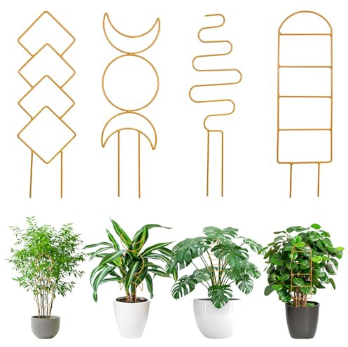 4 Pack Metal Garden Trellis for Potted Plants, Small Trellis for Potted Plants, Different Patterns for Vine Ivy Flower,for Potted Plants Climbing, Outdoor Metal Garden Trellis Houseplants(Golden)