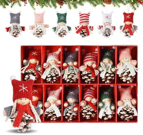 Colgante de gnomo navideño con piña, Anstore, 12 figuras de gnomo, decoración de Navidad, adorno para árbol de Navidad, piñas, gnomos, decoración navideña de gnomo con gorros de punto, adorno para