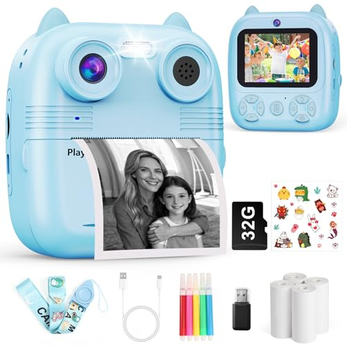 Kids Camera Instant Print, 1080FHD 48mp Dual Lends Instant Camera for Kids with 2.4'' High-definition IPS Screen, 4 Rolls Print Paper 32G Card Kids Digital Camera Toys Gift for Girls Boys Aged 3-12
