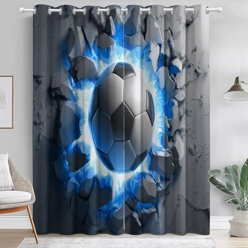 Vorhänge Kinderzimmer Jungen Mädchen - Vorhang Blickdicht Cartoon 3D-Fußball, Thermovorhang für Deko Babyzimmer, Verdunkelungsvorhang 2er Set, Gardinen mit Ösen 140x90cm(HxB), Grau Blau