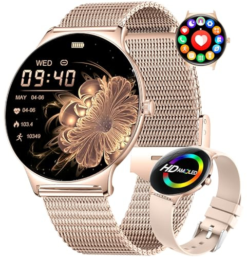 HIRREO Smartwatch Damen Mit Telefonfunktion,1.43 AMOLED Fitnessuhr Mit Schlafmonitor Kompatibel Android iOS,SchrittzäHler Kalorien IP68 Wasserdicht Smart Watch 100+Sport Modi Roségold