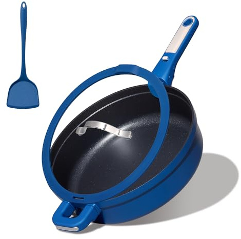 CAROTE 4pcs Non Stick Frying Skillet with Lid, 12inch Nonstick Large Deep Frying Pan, 5.5Qt Saute Induction Pan, Cooking Set with Detachable/Removable Handle,Oven/Dishwasher Safe
