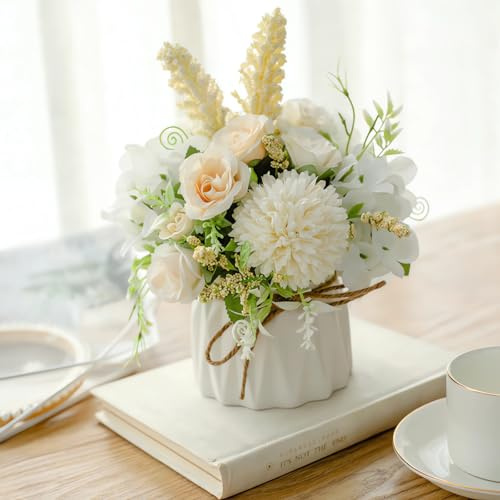AUSHOPLAH Flores artificiales, flores artificiales como reales, flores artísticas en jarrón, macetas pequeñas de escritorio, flores decorativas para bodas E338 (B blanco)