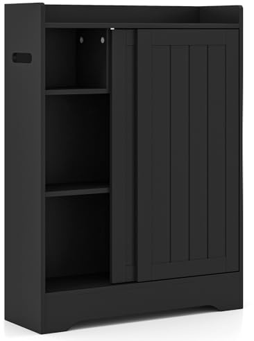GOPLUS Badezimmerschrank schmal, Badschrank mit Toilettenpapierhalter, Bürstenfach & verstellbaren Regalen, Aufbewahrungsschrank mit 2 Schiebetüren für kleine Räume, 60 x 20 x 80 cm (Schwarz)