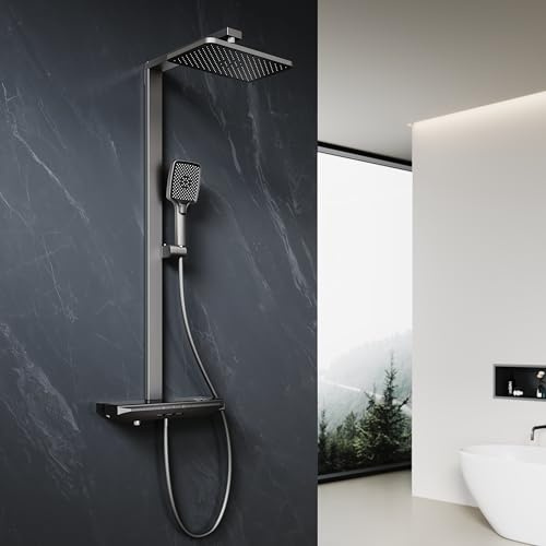 ELEGANT Thermostatic Shower Mixer Set with Digital Temperature Display, 12 Square Rainfall Shower Head, 3 Modes Square Shower Head, Tub Spout, Anti-Leak Hose, Anti-Scald,Easy Install