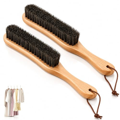 2PCS Clothes Brush Boar Bristle Lint Remover, Lint Brush Fluff Remover for Suits and Coats, Clothes Brushes for Men &Women with Wooden Handle, Fabric Care Tool for Wool, Suede and Delicate Materials