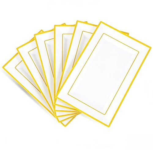 Harnovlis 6 Pcs Elegant Plastic Platters, Reusable Serving Platter, Large White & Gold Rectangle Plastic Serving Trays for Parties, Snack,Food, Dessert, Cupcake Display